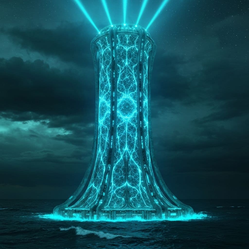 HydroTitan mega water purification structure rising from ocean waves